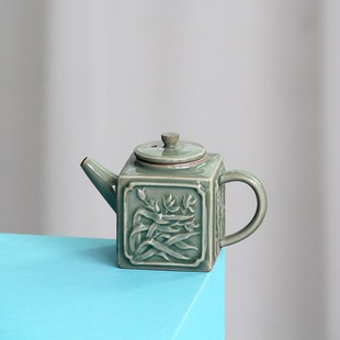 青瓷小茶壶四方壶浮雕梅兰竹菊陶瓷功夫茶具单壶过滤泡茶壶家用