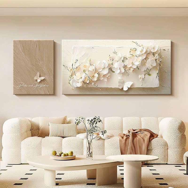 法式奶油风客厅装饰画高级感花卉沙发背景墙挂画立体浮雕大气壁画图片