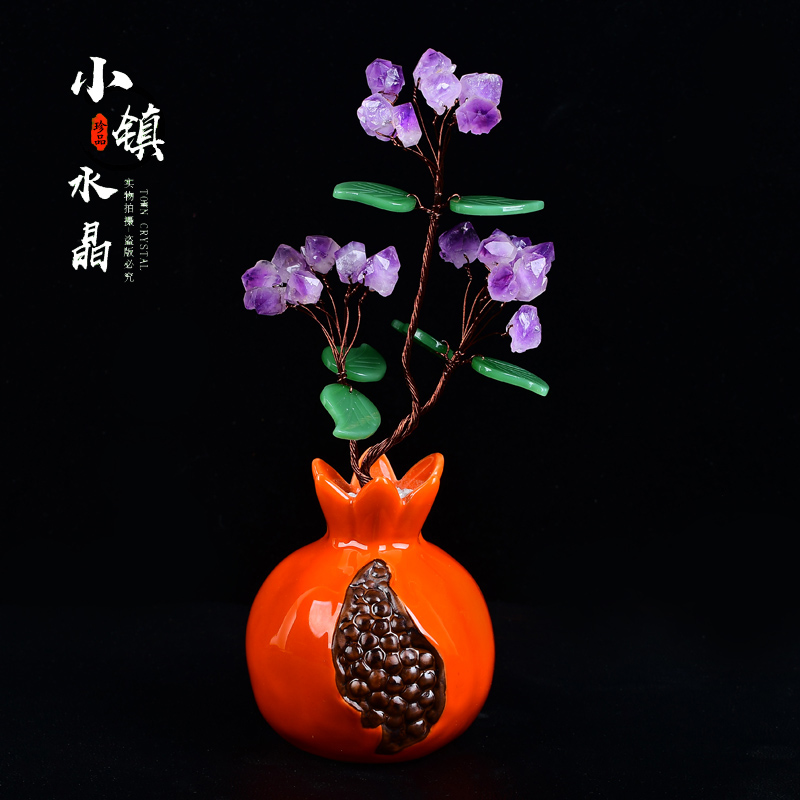 天然紫水晶招财树陶瓷石榴花瓶轻奢客厅玄关公司手工装饰家居摆件