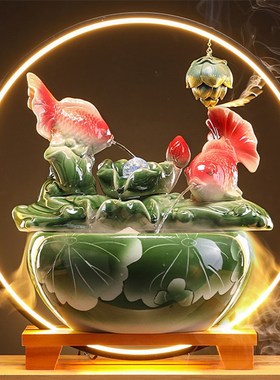 创意流水生财循环水养鱼缸招财办公室桌面装饰品喷泉摆件开业礼物