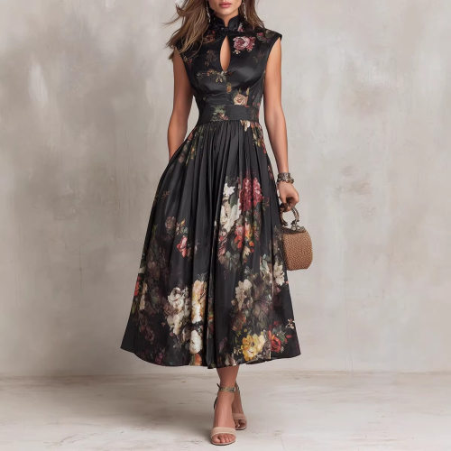 Flower dress2026欧美女装无袖黑色数码印花立体花朵修身连衣裙