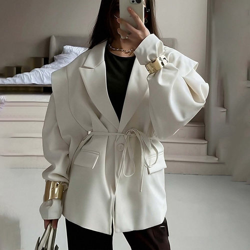 大码收腰系带西装外套女2025秋欧美气质印花西装外套 suit jacket