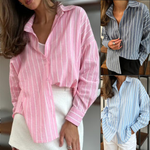 2025 long sleeved cardigan striped shirt for women
