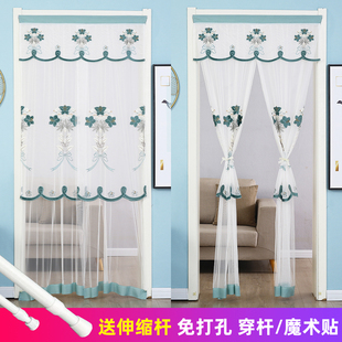 卧室厨房隔断遮挡帘防蚊门帘布艺.家用免打 门帘蕾丝双层纱帘夏季
