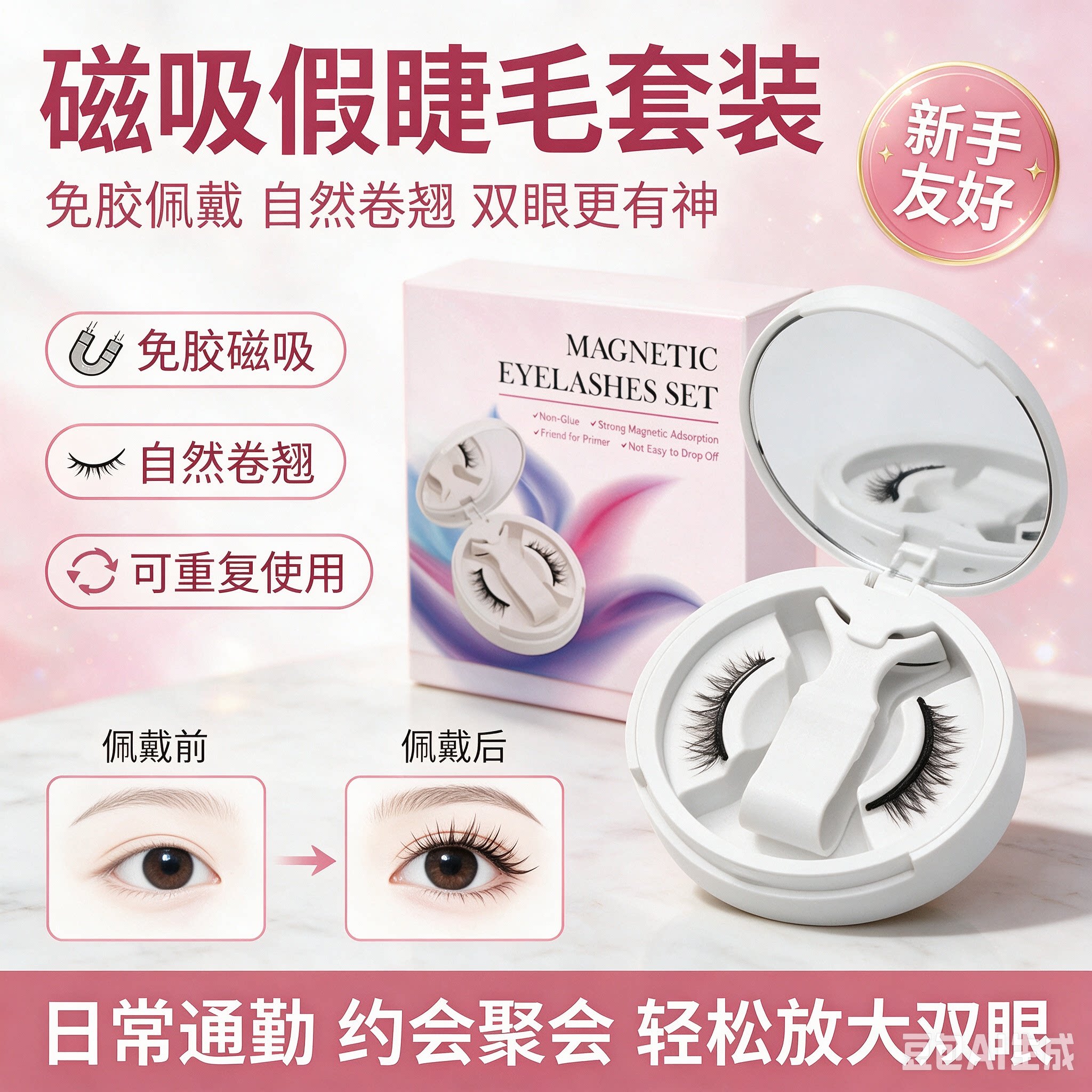 正品狐系磁吸假睫毛一体盒自然山茶花欧美浓密磁铁眼睫毛免胶睫毛