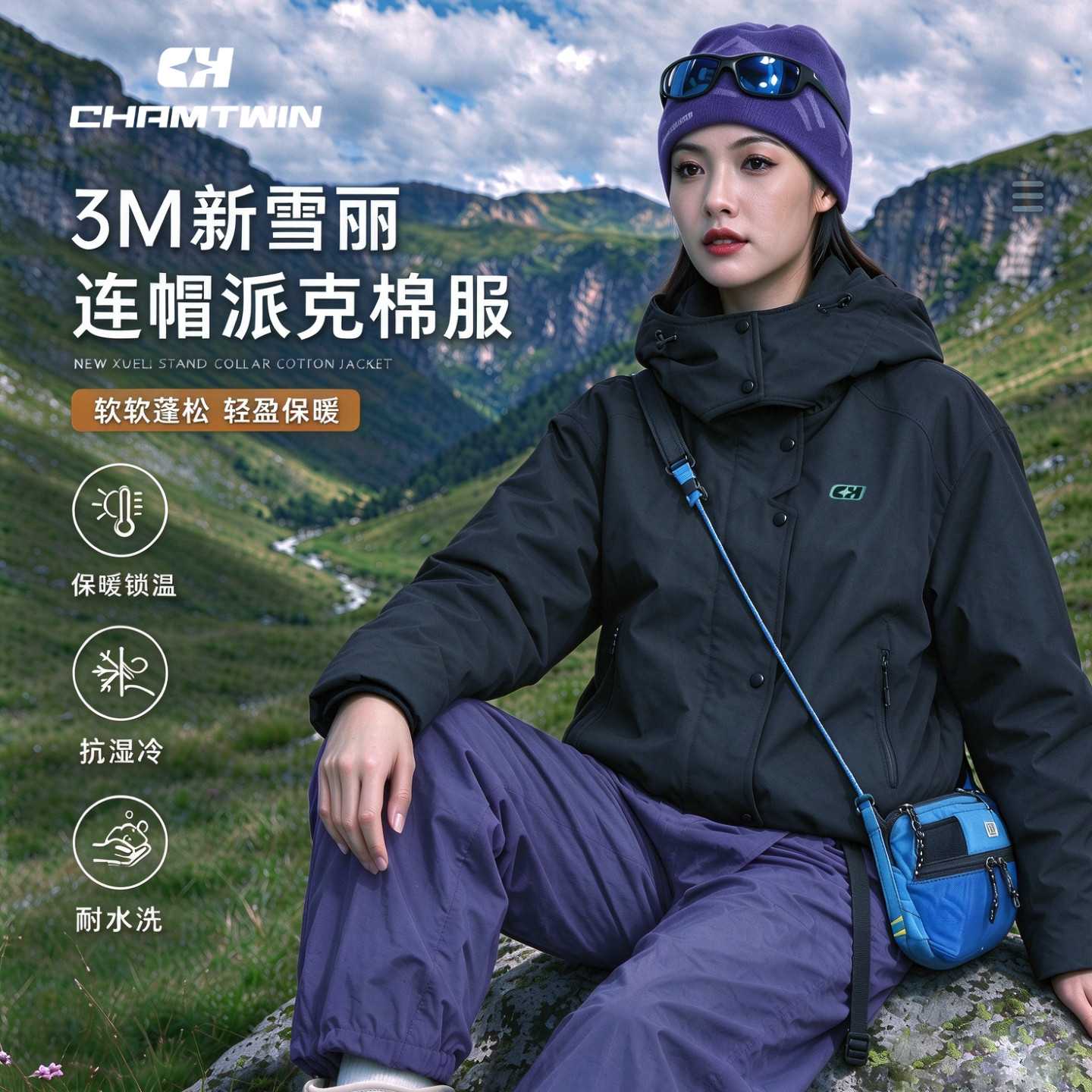 CHAMTWIN短款棉服女款连帽3M新雪丽派克轻薄保暖棉衣秋冬新款外套