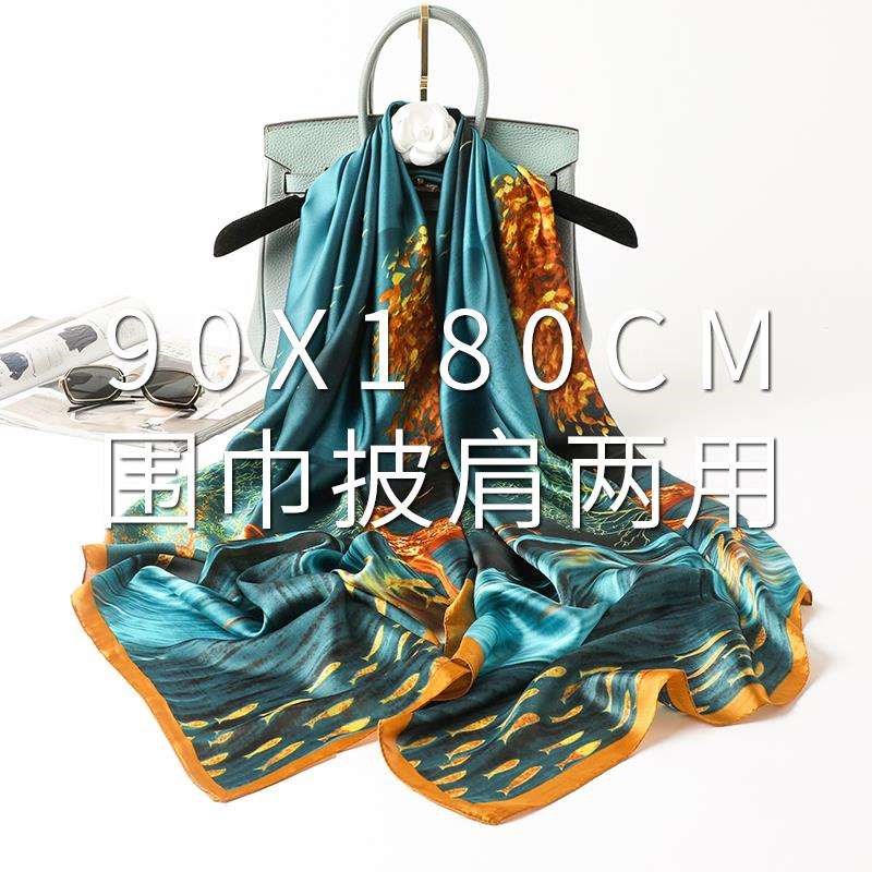 大丝巾女绿色时尚百搭长纱巾春秋冬季妈妈披肩两用薄围巾护颈围脖