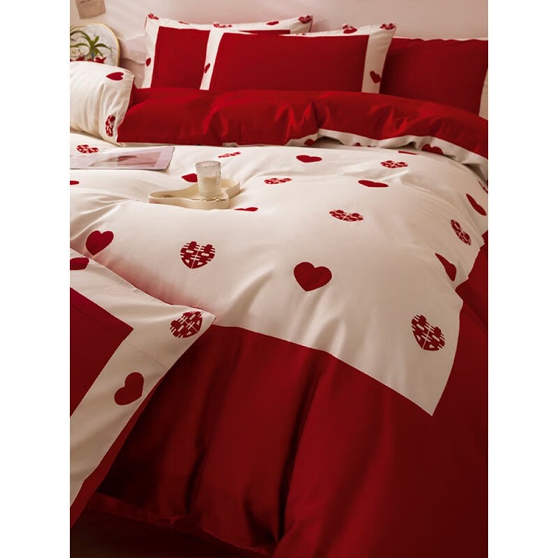 瑞琴结婚床上四件套感大红色床单被罩新婚婚庆陪嫁喜被套床上用品