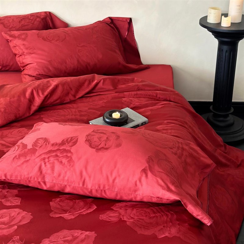 玫瑰100S长绒棉全棉婚庆四件套红色提花结婚纯棉被套婚嫁床上用品