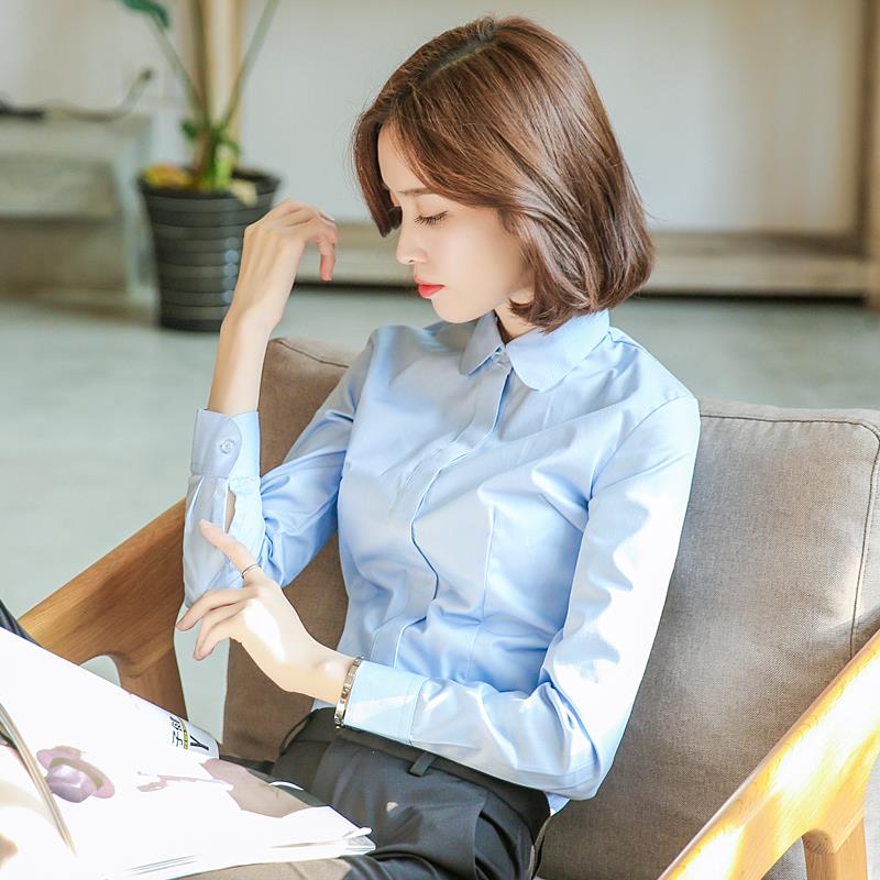 职业蓝色衬衫女长袖2026新款钻扣圆领工作M服公务员正装工装白衬