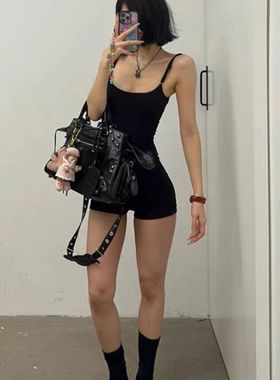 夏季黑色百搭连i体衣裤女2024新款美式辣妹设计感别致包臀打底裙