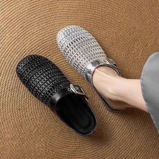 2.5cm高级感编织包头半拖鞋2025新款春夏法式圆头外穿平底凉拖女