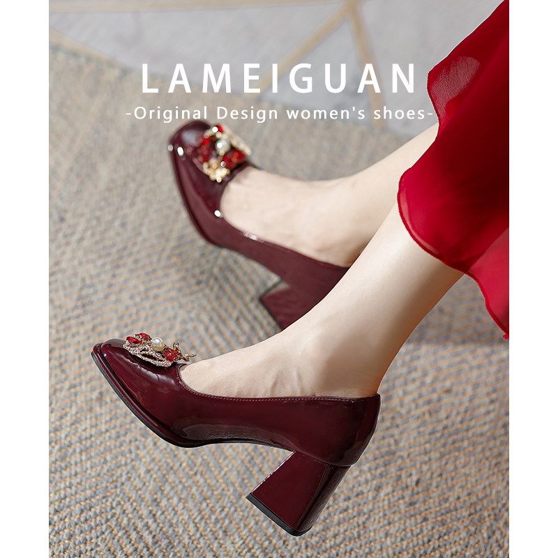 法式水钻方头高跟鞋女粗跟红色新娘婚鞋2025春季新款气质浅口单鞋,女鞋,婚鞋,淘宝优惠券,粉丝福利购,淘宝优惠卷