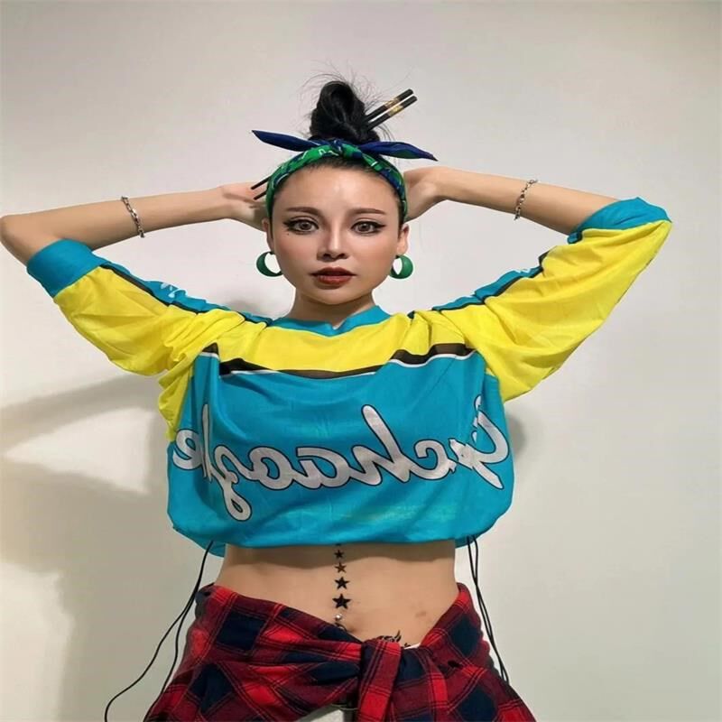 美式潮酷辣妹风短款网纱T恤女2025夏季新款印花宽松长袖防晒罩衫