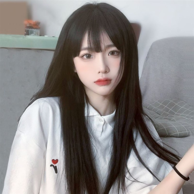 假发女长发e中长发圆脸空气浏海自然仿真发黑长直发全头套式