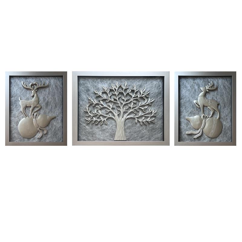 客厅装饰画立体画沙发背景墙三联画现代简约轻奢挂画手工艺画树鹿图片