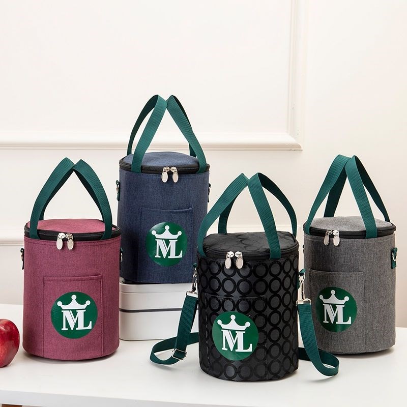 特厚饭盒袋铝箔保温带饭包单肩斜挎多功能饭盒袋圆桶圆形便当包