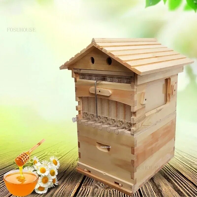 带屋顶的木制蜂箱自动流蜜蜂箱自动流蜜巢脾养蜂人采蜜工具