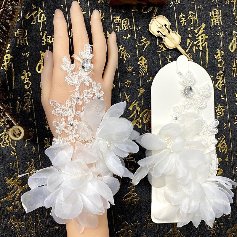 新款绑带手套短款无指勾露指蕾丝亮片花朵白红色新娘结婚婚纱手套