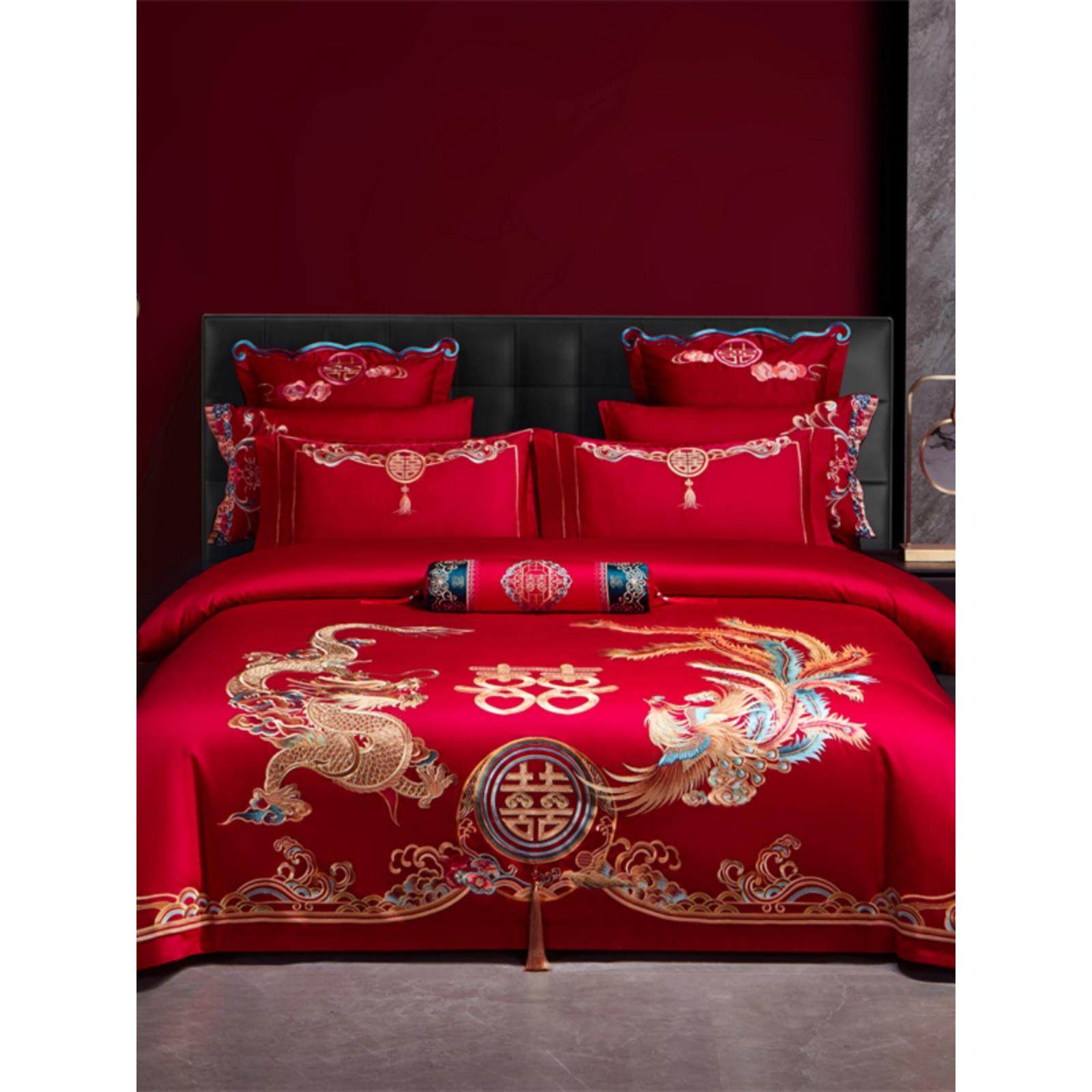 100S长绒棉新婚庆四件套大红色龙凤被套全棉结婚陪嫁床单床上用品