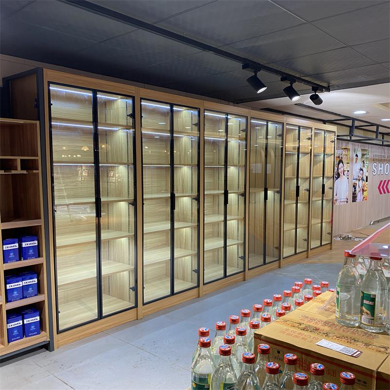 单面精品展示带LED灯箱铁质酒柜储物架木纹超市文具母婴货架展柜