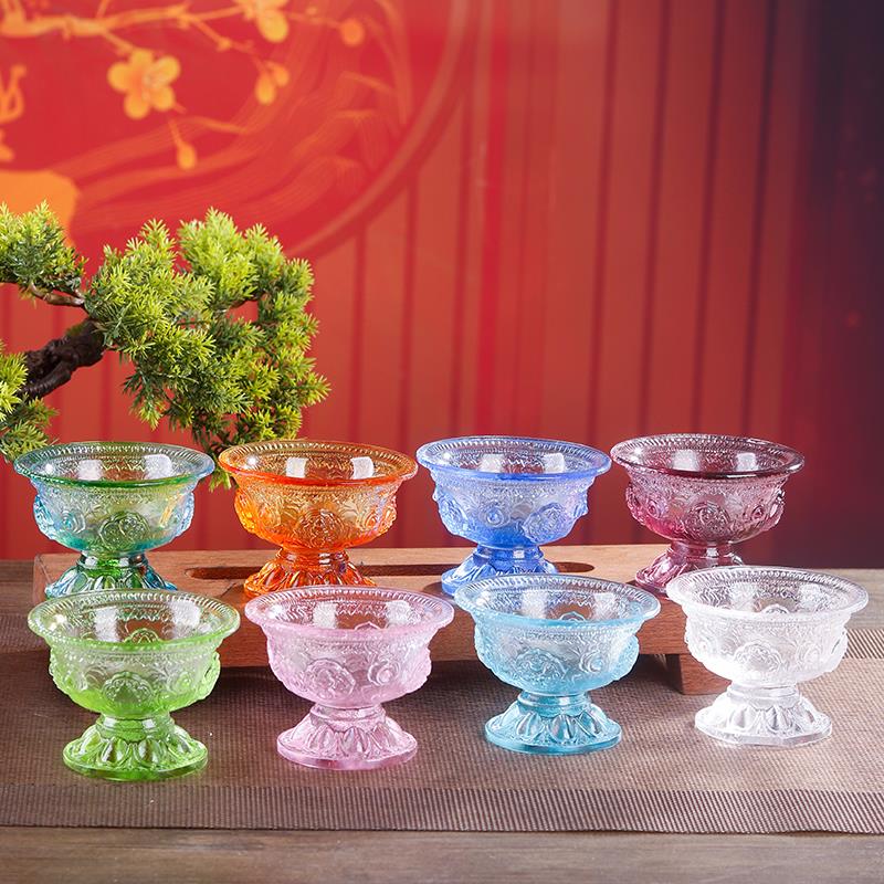 古法琉璃八吉祥圣水杯家用客厅佛前贡供杯观音净水杯家居摆件包邮