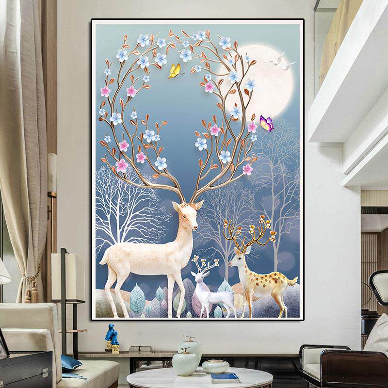 2025新款生财麋鹿钻石画 画客厅玄关满钻十字绣简约现代动物5d贴
