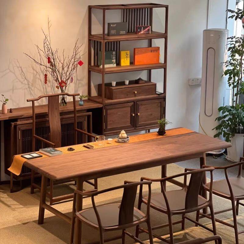 黑胡桃木茶桌椅组合新中式禅意功夫茶台实木长条桌泡茶桌茶室家具