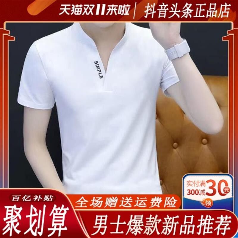 蓝及轻奢高端短袖t恤夏季新款高档V领休闲男装半袖打底衫时尚百搭
