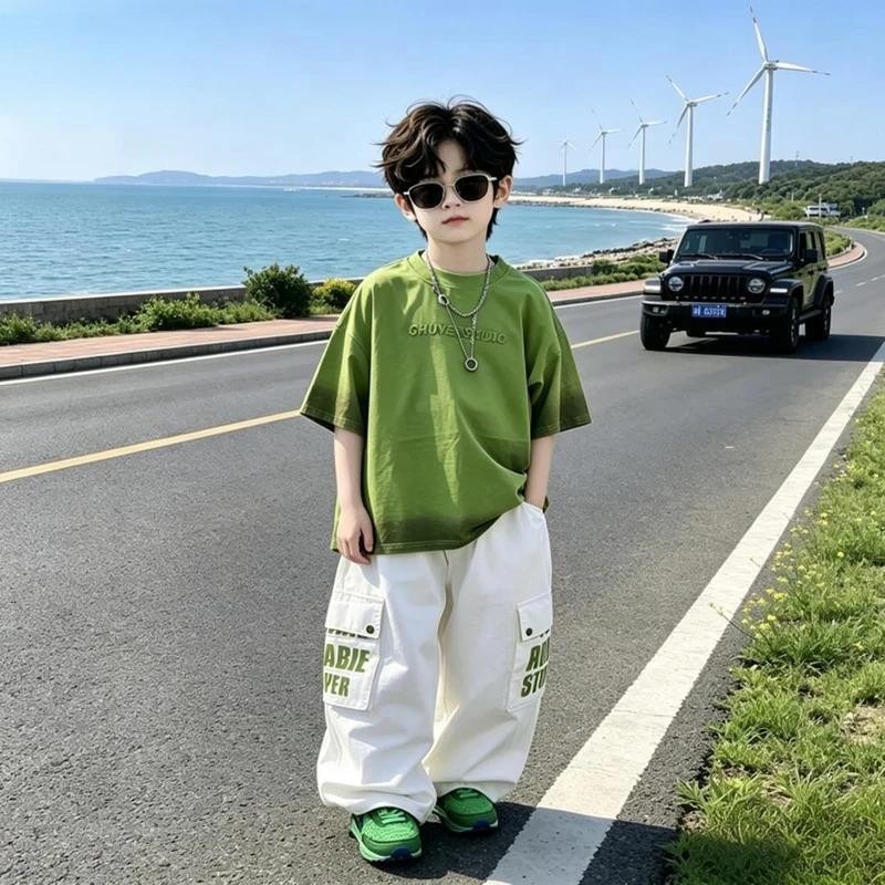 有范YF优选219男童短袖套装夏季新款时尚百搭帅气潮酷中大童套