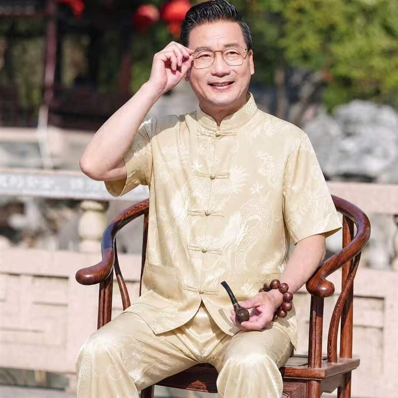 广 野父亲节唐装男薄款短袖龙纹提花套装中老年爸爸衬衫中国风