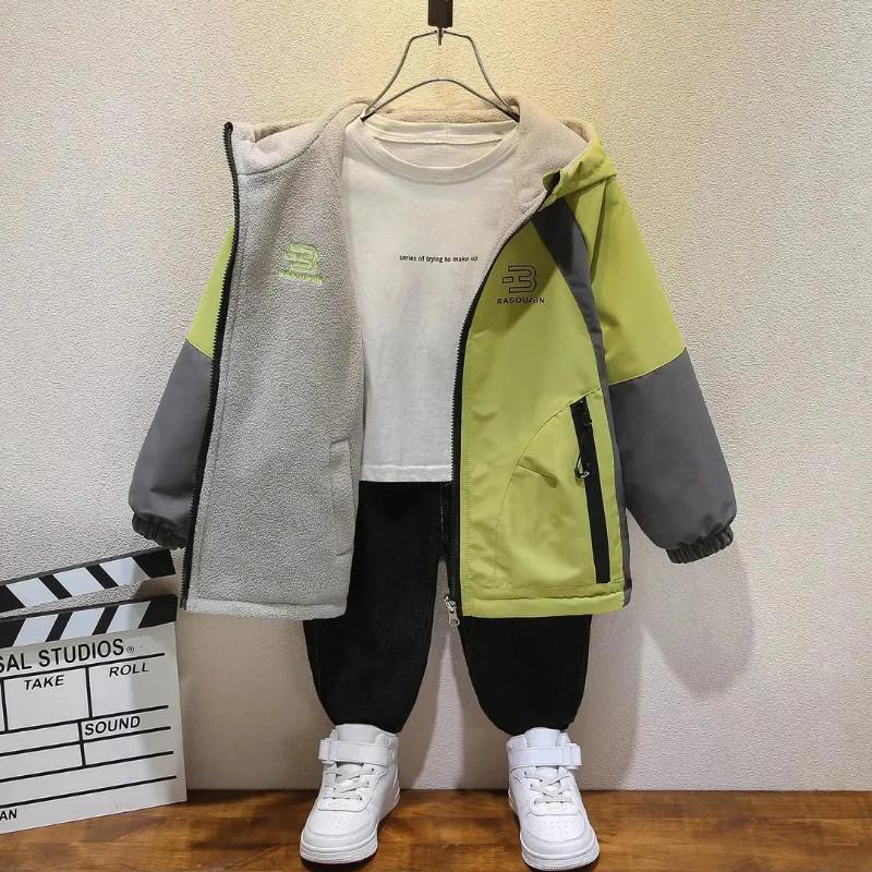 胜源严选两面穿加绒x加厚童装男童双面穿外套儿童撞色冲锋衣秋冬