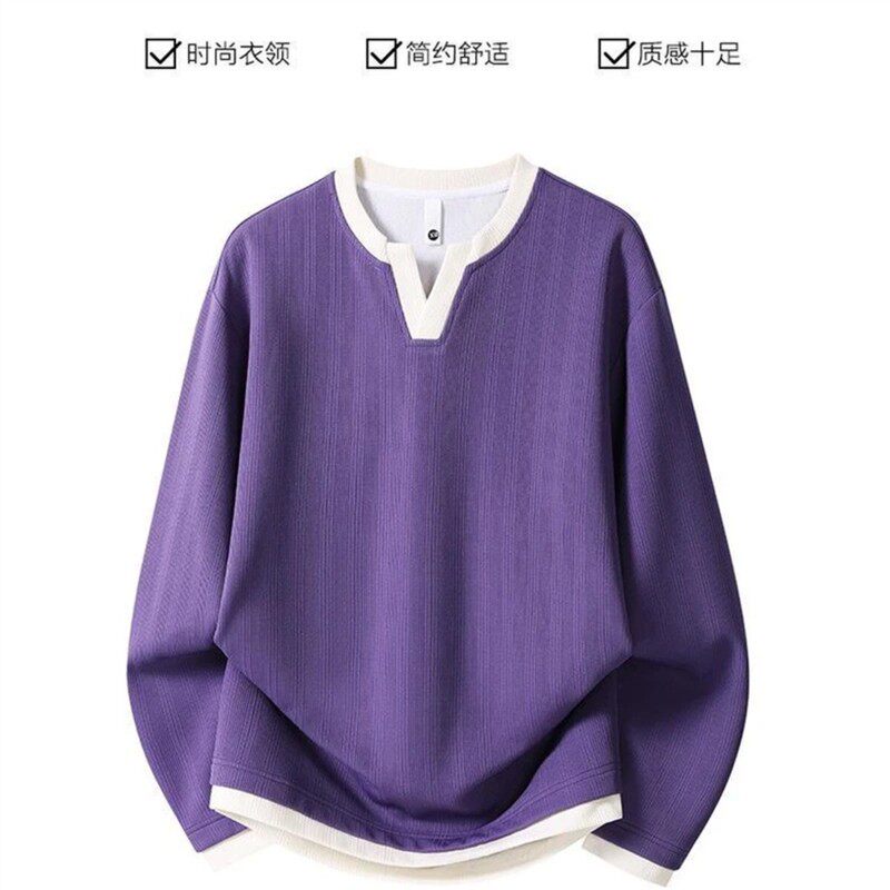 2云洛轻奢服饰小V领假两件卫衣男士秋季新款大码宽松肌理感长袖休