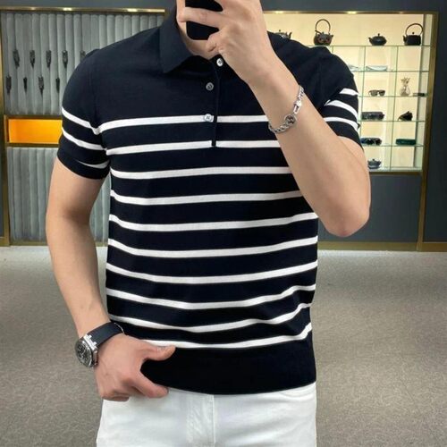 一熠甄选2男士高品质时尚短袖POLO衫针织夏季个性条纹翻领潮流