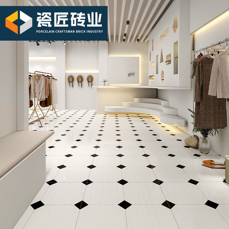 现代简约黑白拼花800x800全瓷亮E面客餐厅商场服装店咖啡馆地板砖