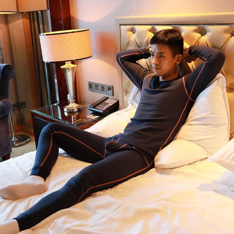 男士秋冬季纯白色加厚加绒保暖内衣修紧身秋衣秋裤圆领宝暖一套装