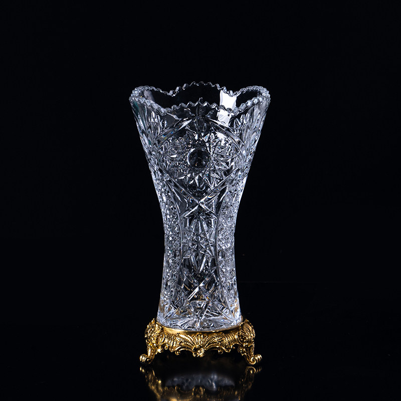 欧式美式水晶花瓶摆件客厅插花高档奢华水晶玻璃镶U铜装饰透明花