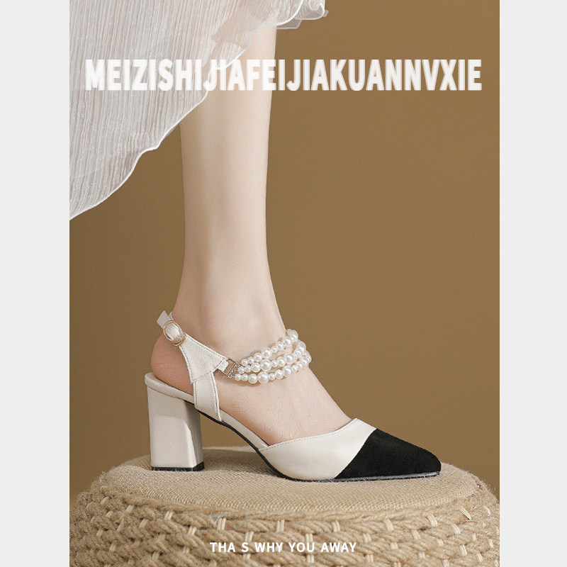 脚宽脚胖大码高跟鞋女41一43夏季单鞋女包头粗跟中空一字带凉鞋女