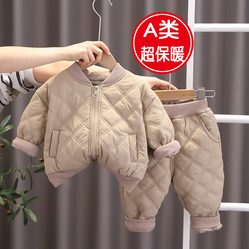 男童加绒套c装冬季加厚2024新款中小童宝宝洋气纯色韩版棉服两件