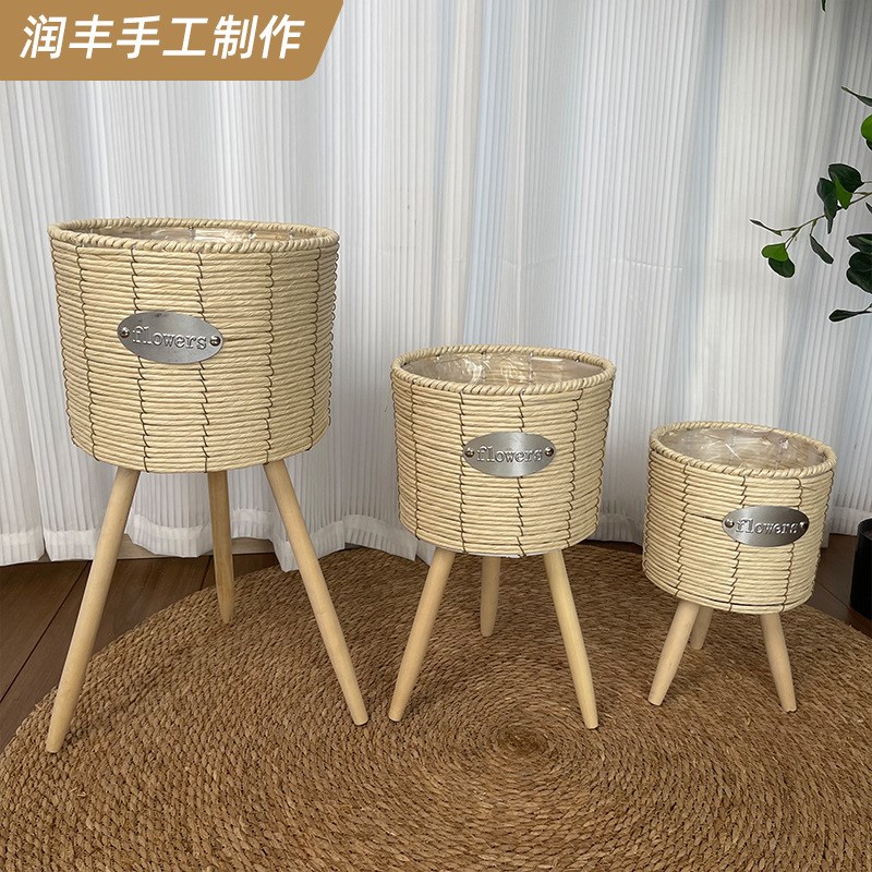 田园木质落地花架花盆架草编花篮地面装饰客厅阳台花器绿萝架