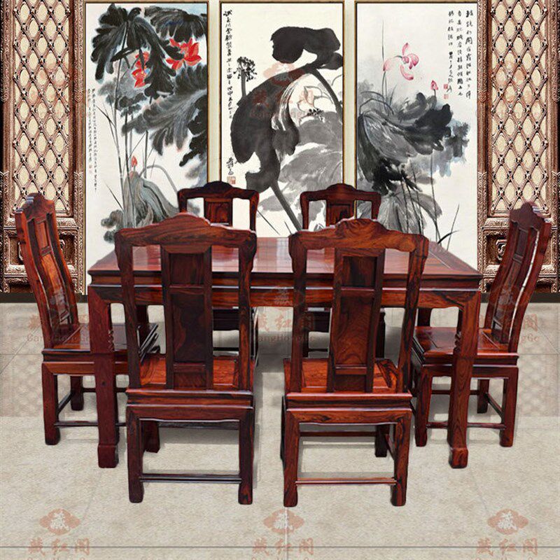 红木餐桌 老挝大红酸枝中式长方形餐桌椅子七Q件套 交趾黄檀餐桌