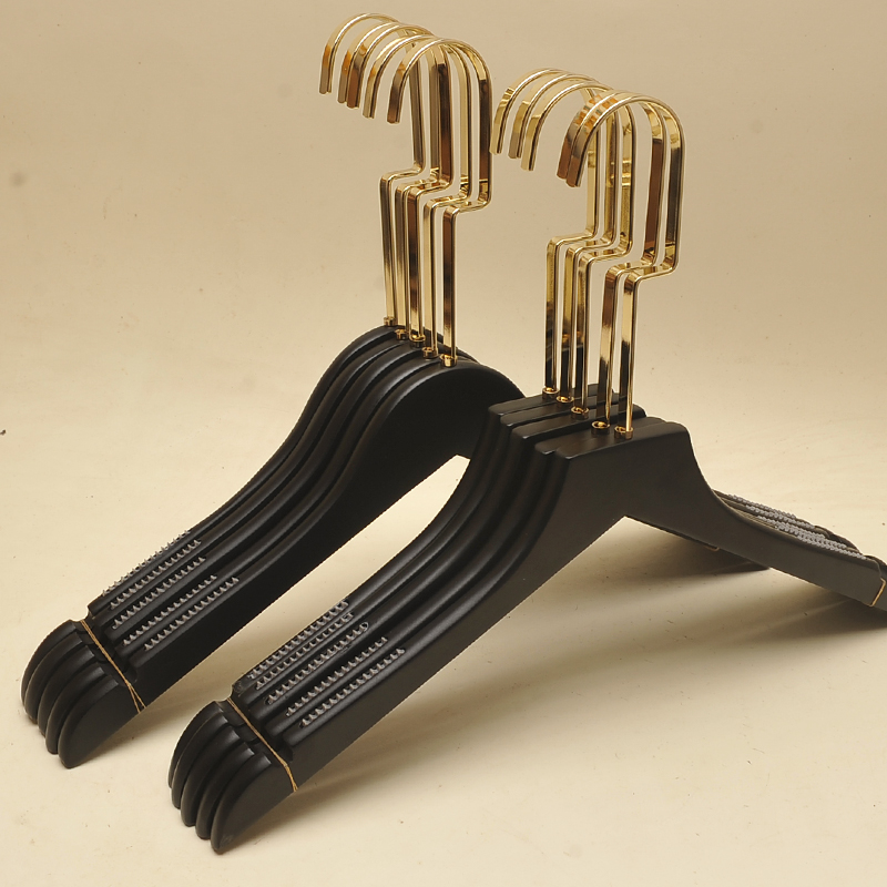 定制LOGO黑色实木衣架衣挂女服装店无痕木质衣撑裤夹衣柜金色长钩
