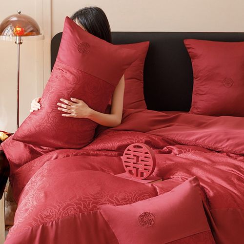 简约新婚庆四件套红色喜庆被套纯棉陪嫁被罩床单喜被结婚床上用品