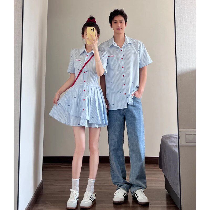 法式情侣装夏季一裙一衣条纹衬衫小众设计感2025新款潮流网红高级