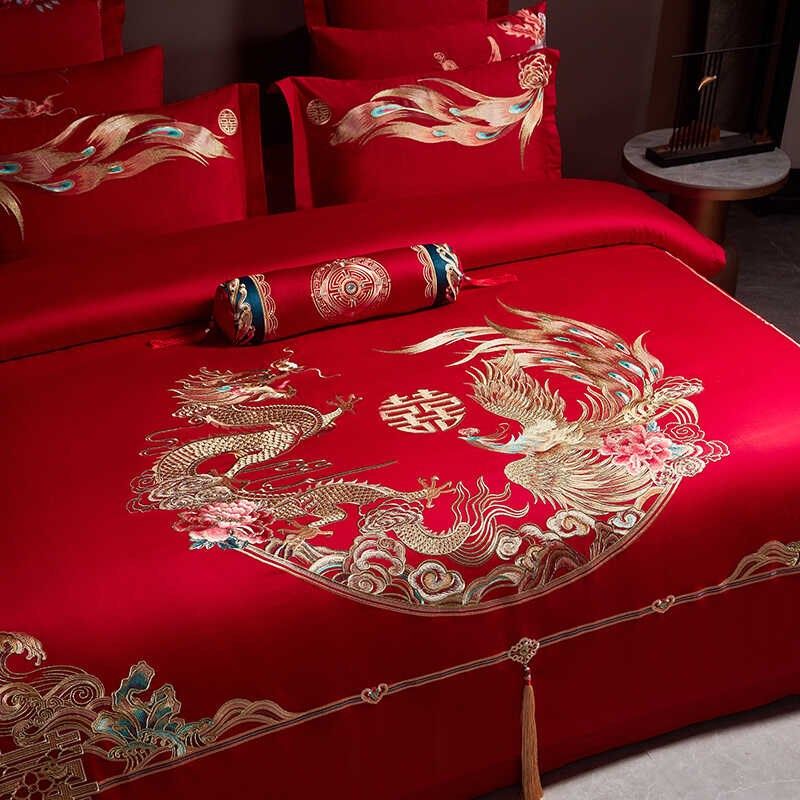 100s支全棉婚庆四件套大红色喜被子结婚六十件套刺绣婚房床上用品