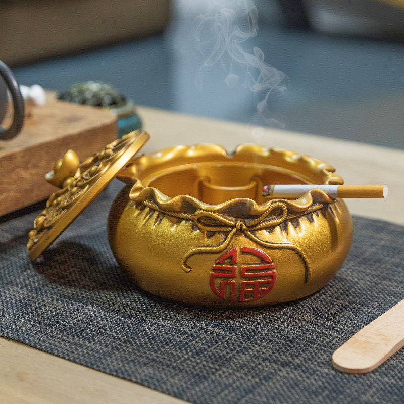 有盖家用烟灰缸客厅茶几办公室茶桌装饰J小摆件防飞尘防风中式烟
