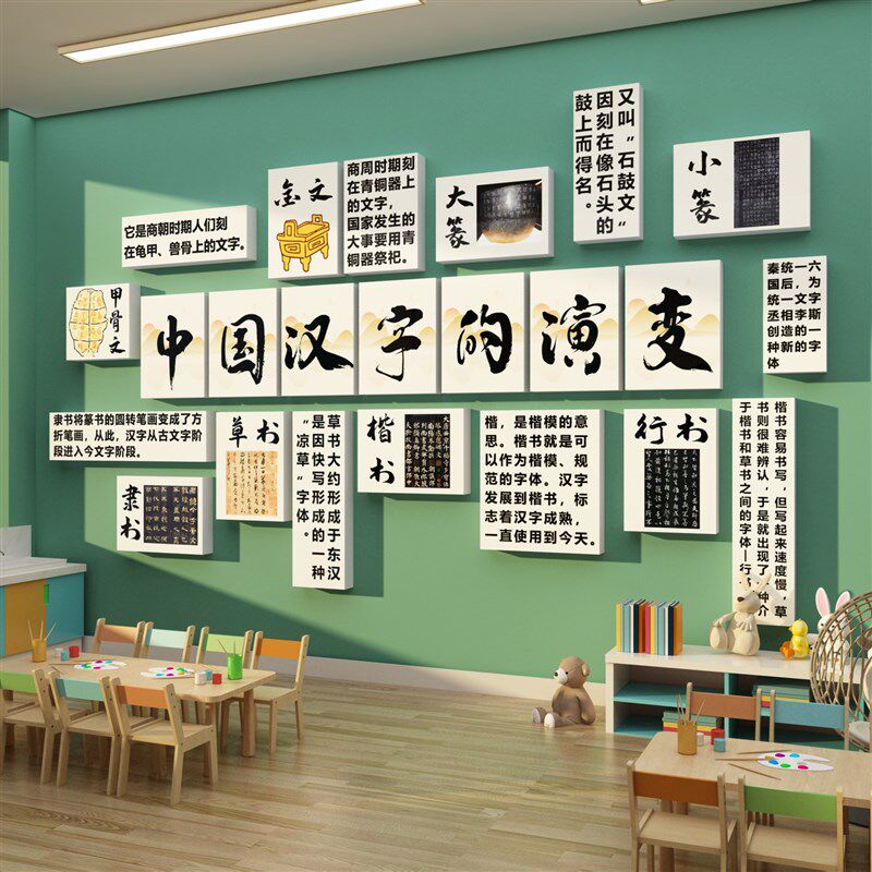 汉字的演变文化墙面装饰甲骨文贴环创高端幼儿园主题设计托管机构