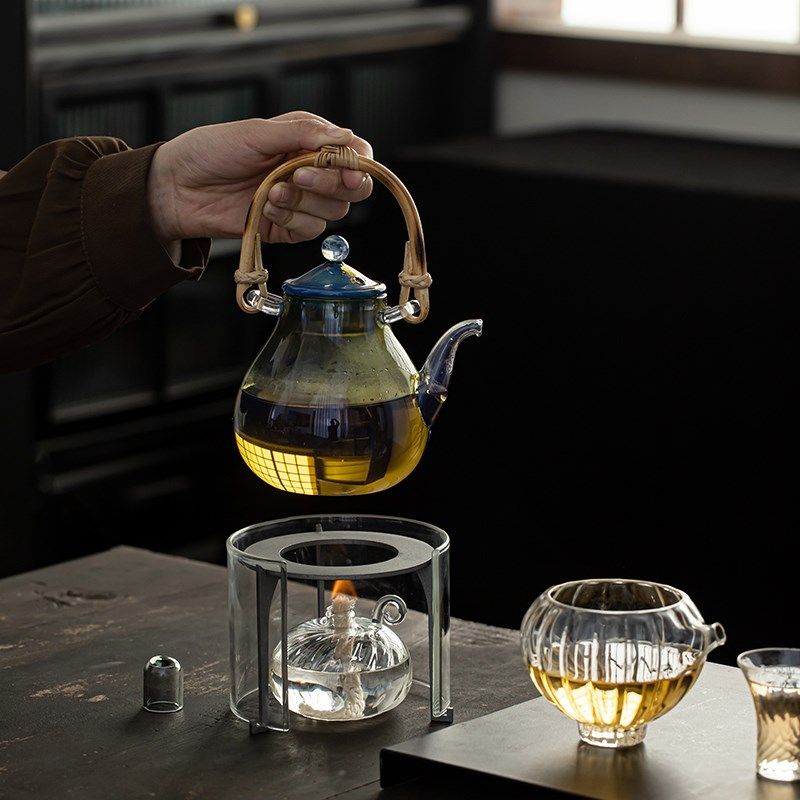 尚器 璃影玻璃提梁壶酒精炉套装耐热玻璃煮茶壶泡茶壶花茶温茶组