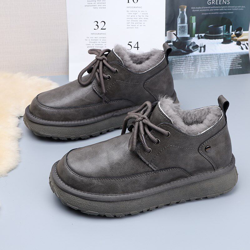 低帮系带加绒男款雪地靴冬季防寒保暖棉鞋防水皮面防滑加厚马丁靴