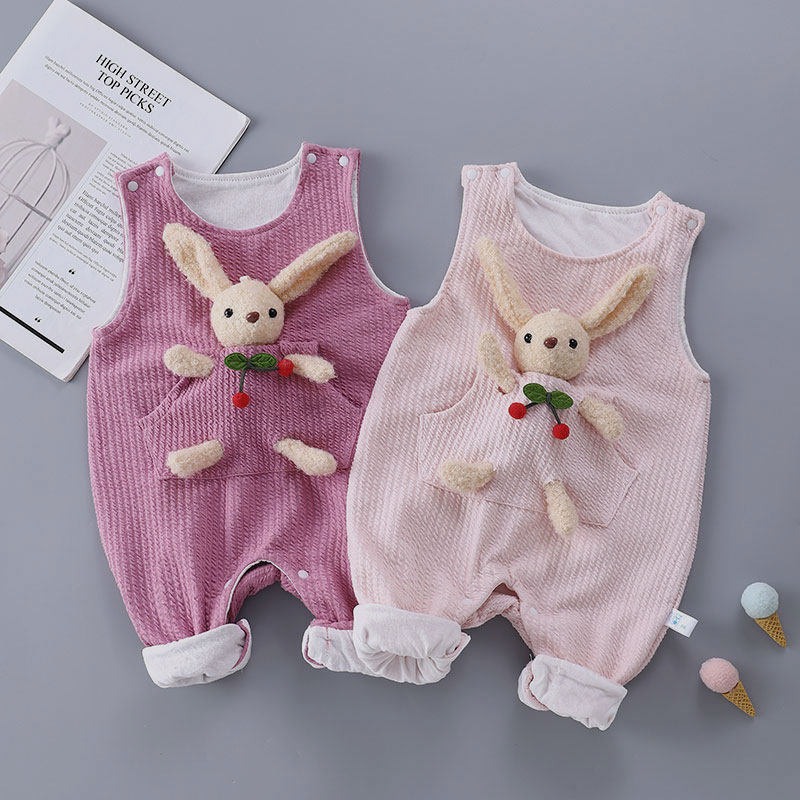 超萌婴儿背带裤套装春秋款六个月女宝宝无袖连体衣双层外穿洋气